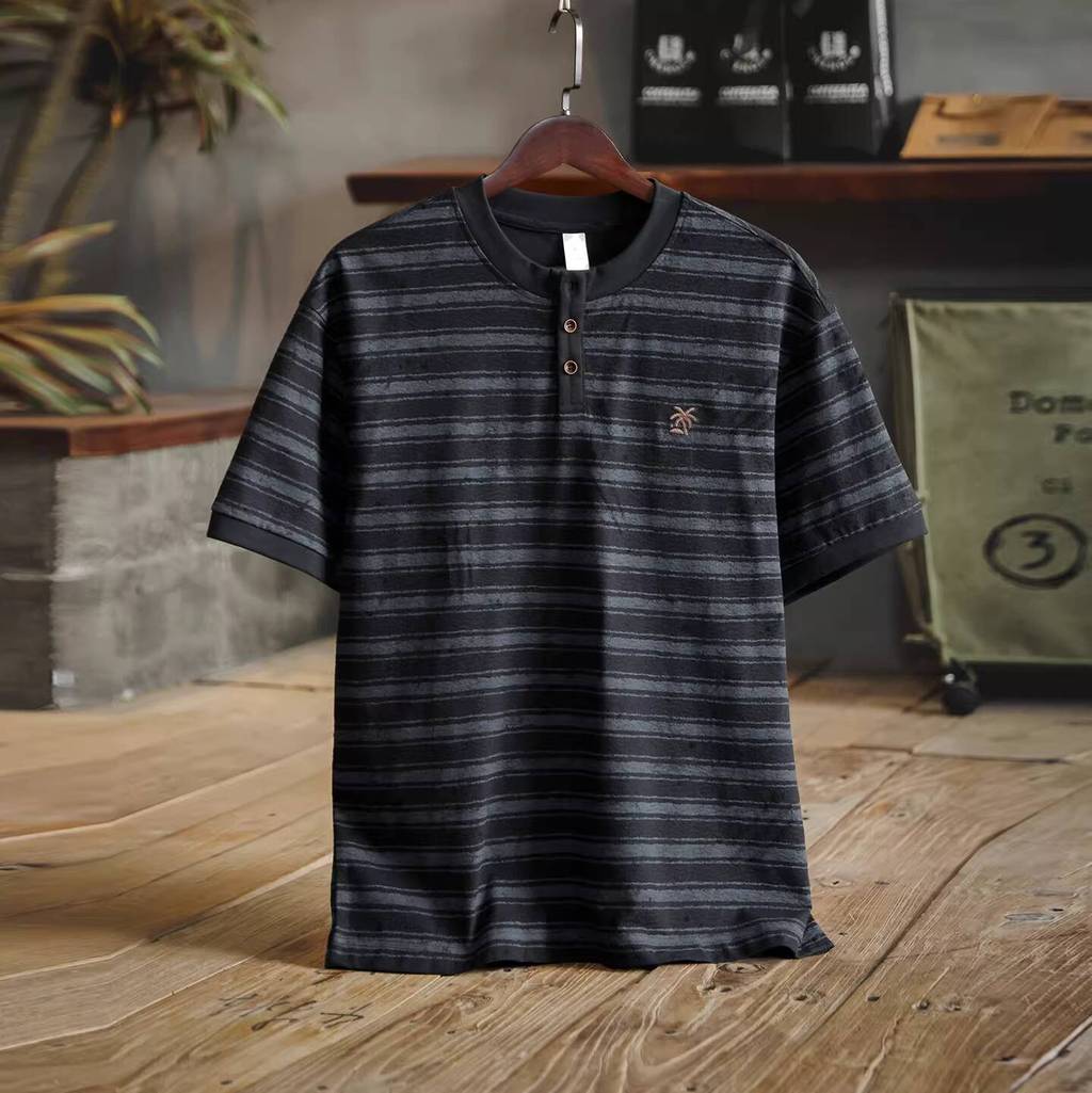 Striped Henry Collar Textured T-Shirt