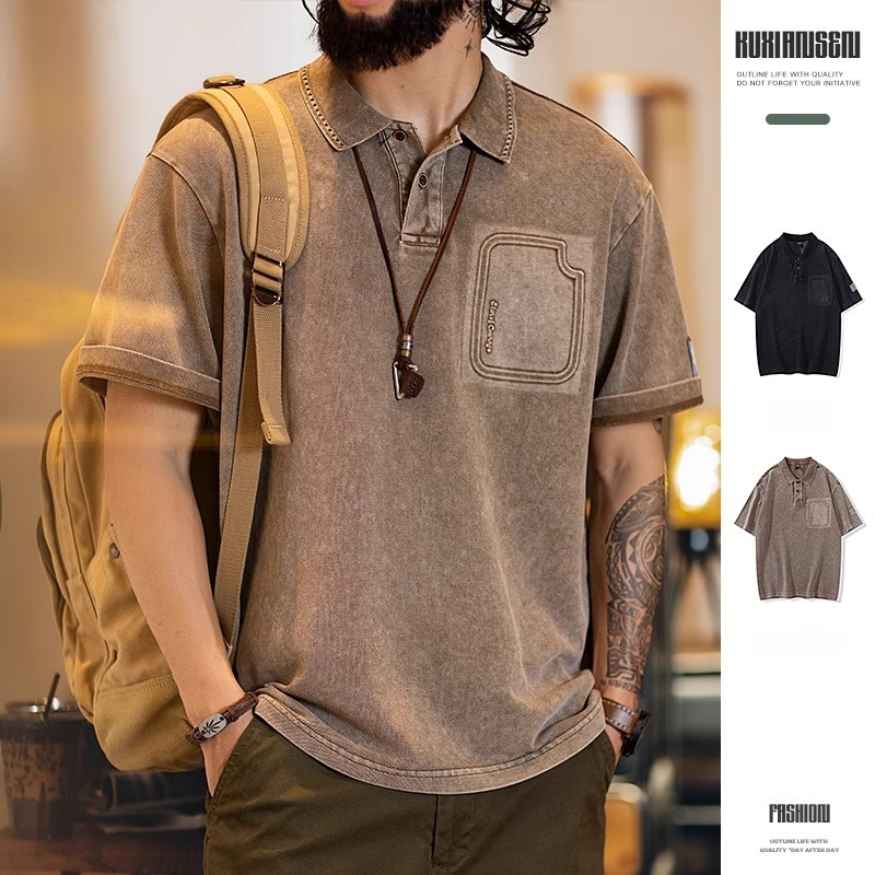 Washed polo Shirt Men Short-Sleeved t-Shirt Loose Lapel Top Men's Half-Sleeved