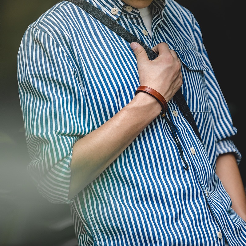 Striped Shirt Men Retro American Blue Denim Thick Vertical Striped Shirt Long-Sleeved Lapel Shirt Men's Trendy