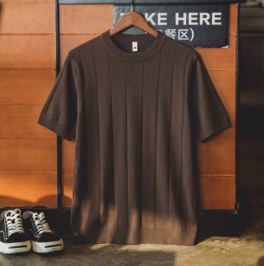 Wuluwear American Retro Solid Color Vertical Pit Strip Knit Short Sleeve Men Summer Old Money Style Loose Thin Style Breathable Round Neck Bottoming Shirt