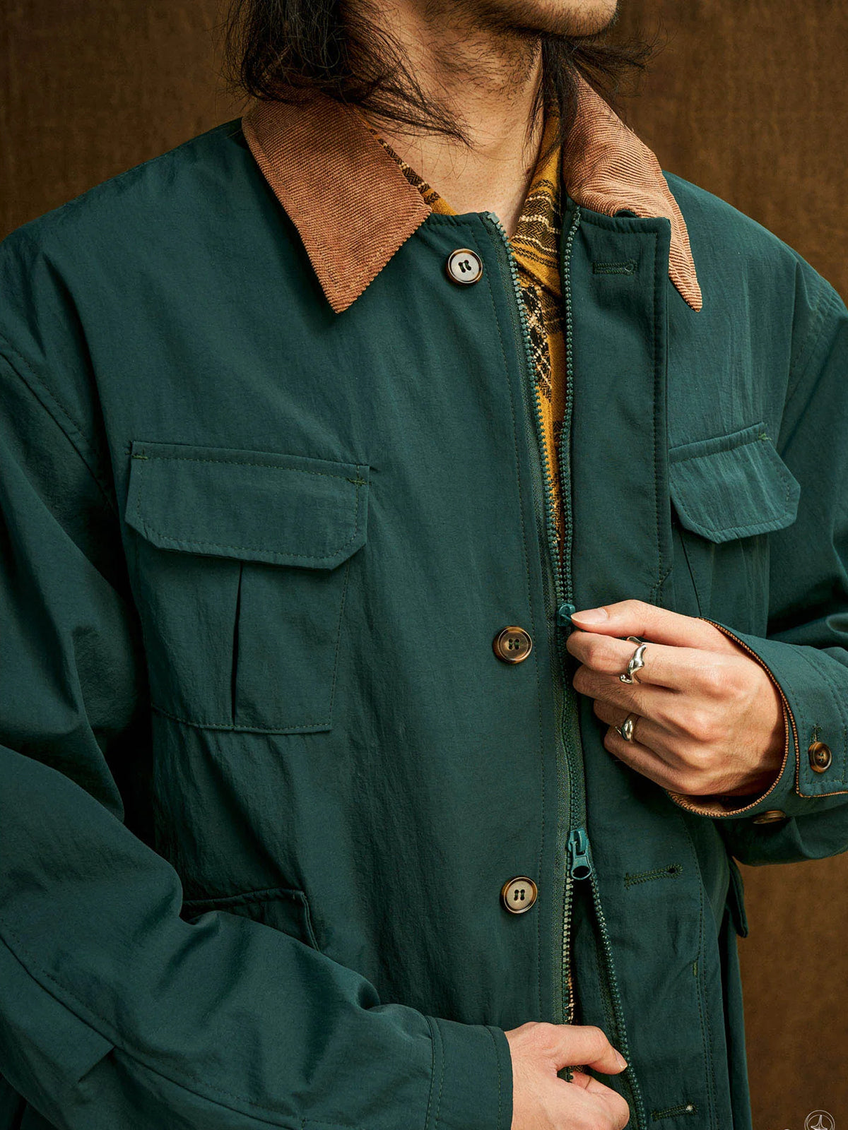 Corduroy-Lined Collar and Cuffs Water-Repellent Hunting Jacket