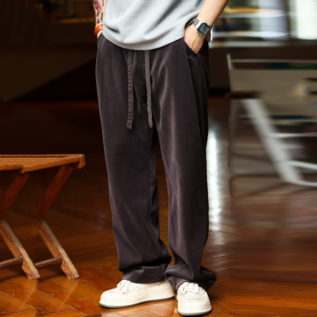 American Casual Heavyweight Chenille Drop Casual Pants Men Loose Straight Pleated Elastic Waist Drawstring Sweatpants