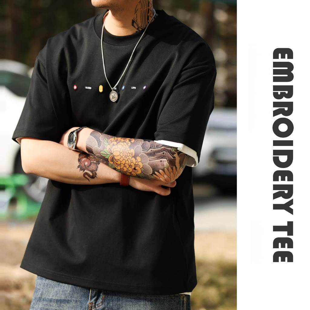 Casual Embroidered Short-Sleeved T-Shirt Men Loose Simple Round Neck Skin-Friendly Dropped