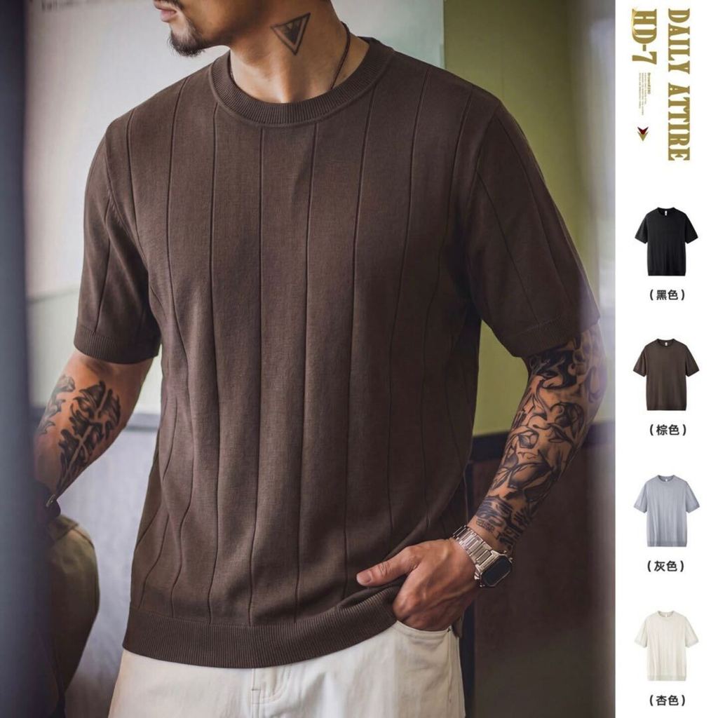 Wuluwear American Retro Solid Color Vertical Pit Strip Knit Short Sleeve Men Summer Old Money Style Loose Thin Style Breathable Round Neck Bottoming Shirt