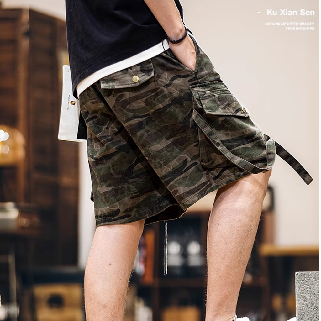 Camouflage Pure Cotton Loose Street Shorts Men
