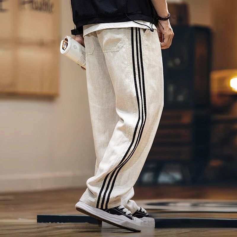 Lyocell Linen Thin Casual Pants Men Summer Stripes Men's Drape Straight Long Pants