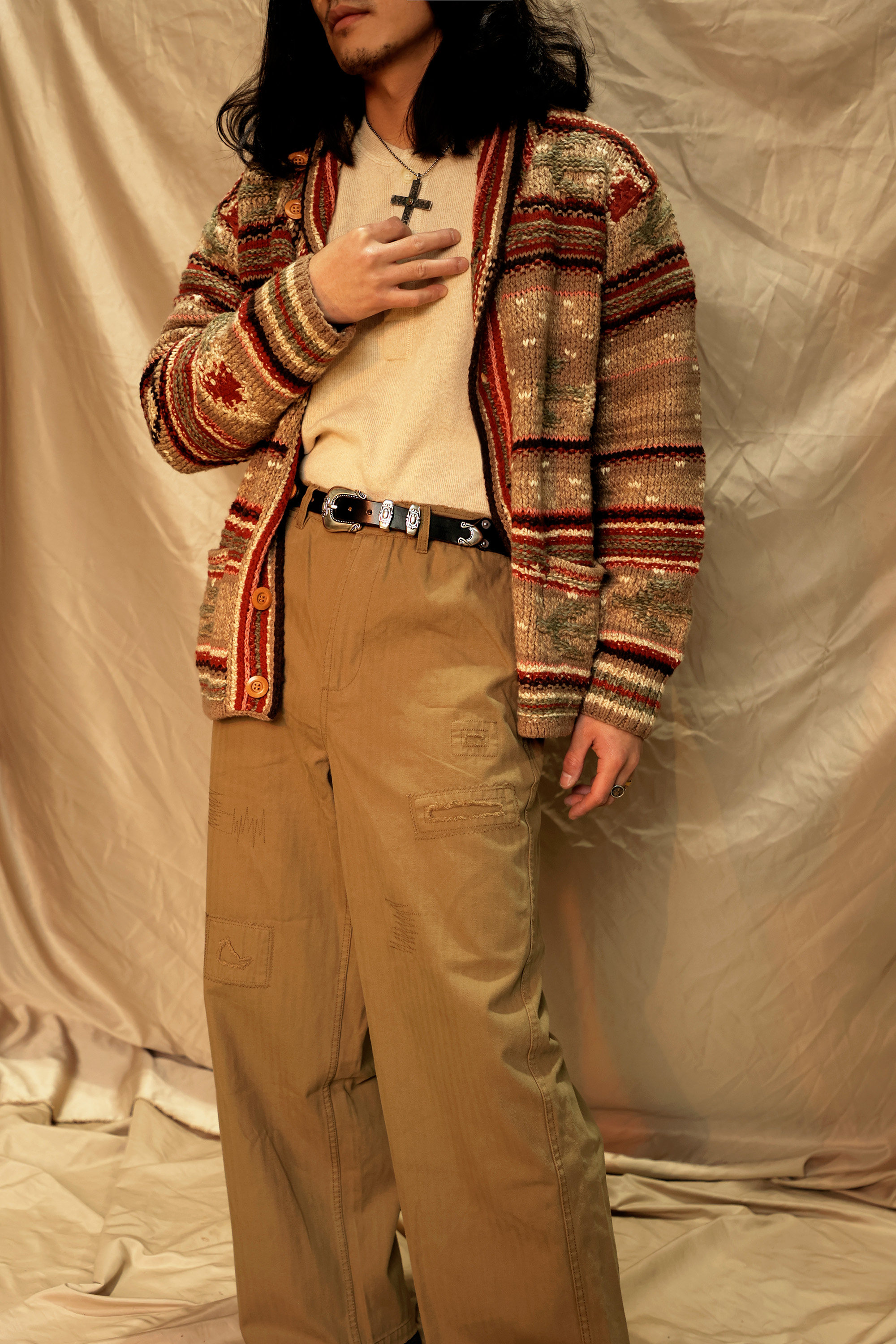 Silver rivet engraved top-grain leather belt 3.5cm