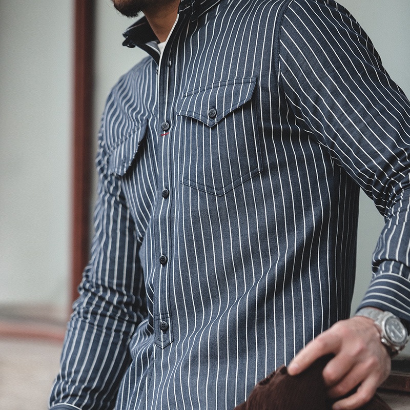Striped Shirt American Retro Woven Fabric Inner Long-Sleeved Shirt Top Outer Shirt Men