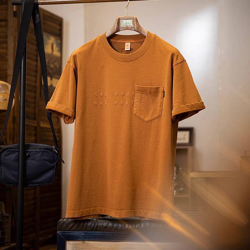 260g Pure Cotton Short-Sleeved t-Shirt Men Washed Embroidered Round Neck Half-Sleeved t-Shirt