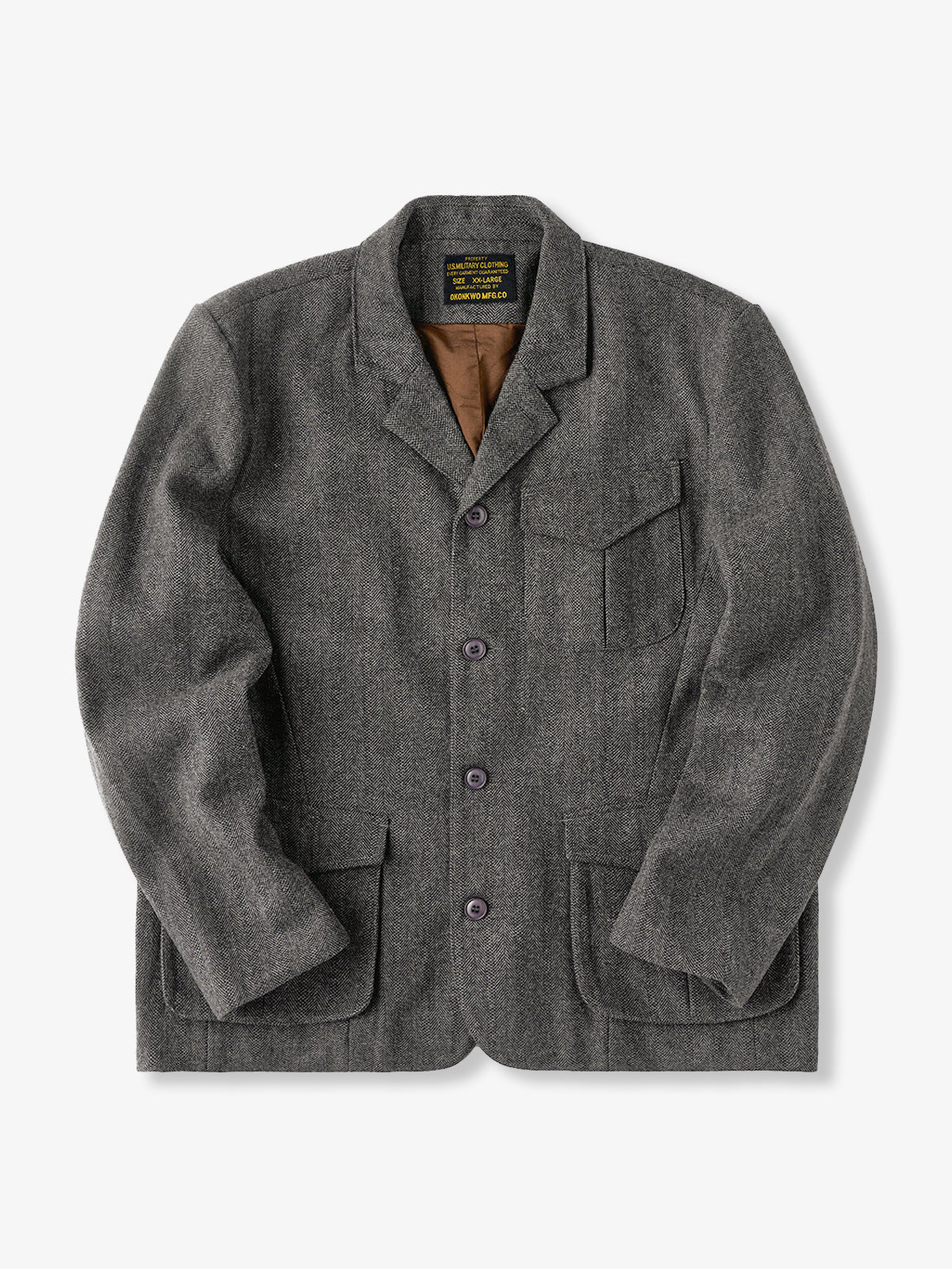 Wool-Blend Herringbone Tailored Jacket with Chin Strap Button