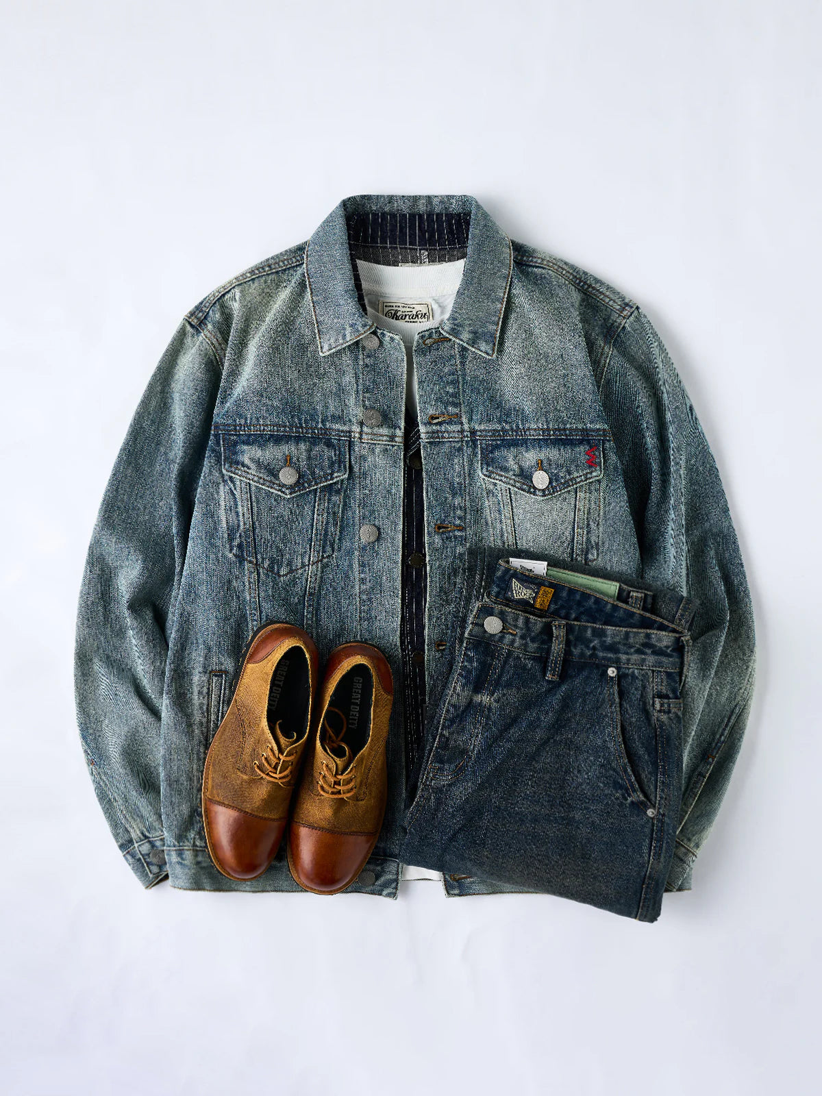 W Mini Embroidery Stone-Washed Denim Work Jacket