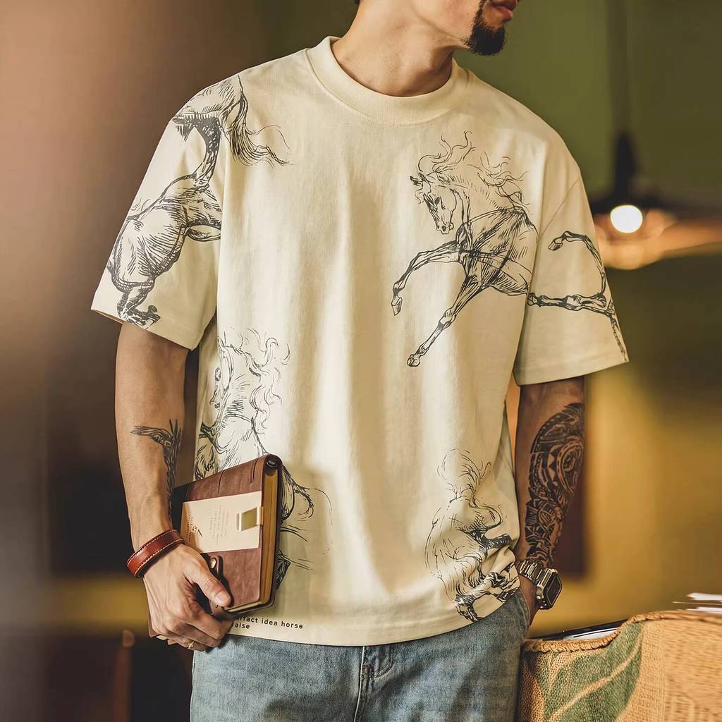 Wuluwear American Linen Blended Year of the Horse Printed Short-Sleeved T-Shirt Men Summer Loose All-Match Round Neck Design Bott