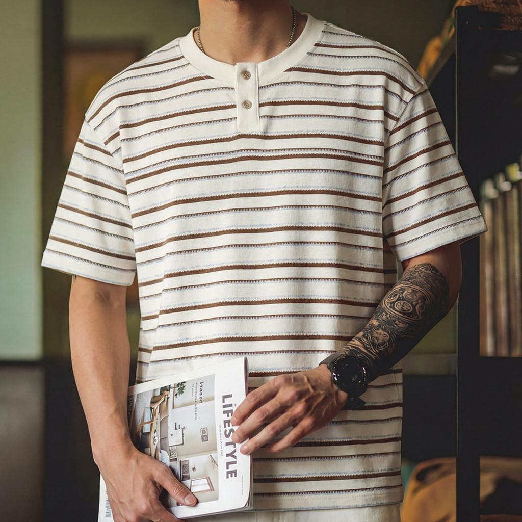 Henry Collar Striped T-Shirt