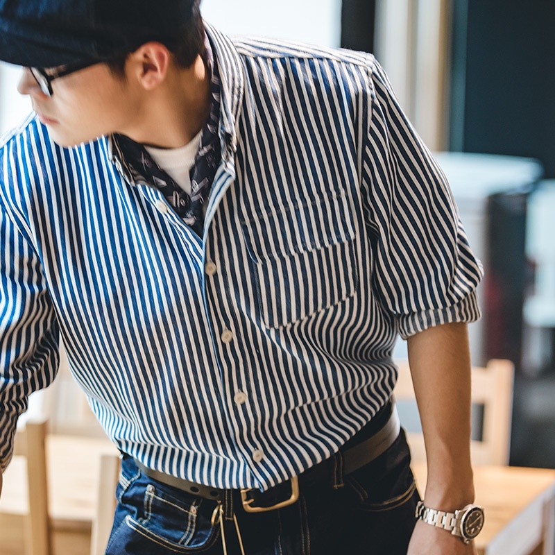 Striped Shirt Men Retro American Blue Denim Thick Vertical Striped Shirt Long-Sleeved Lapel Shirt Men's Trendy
