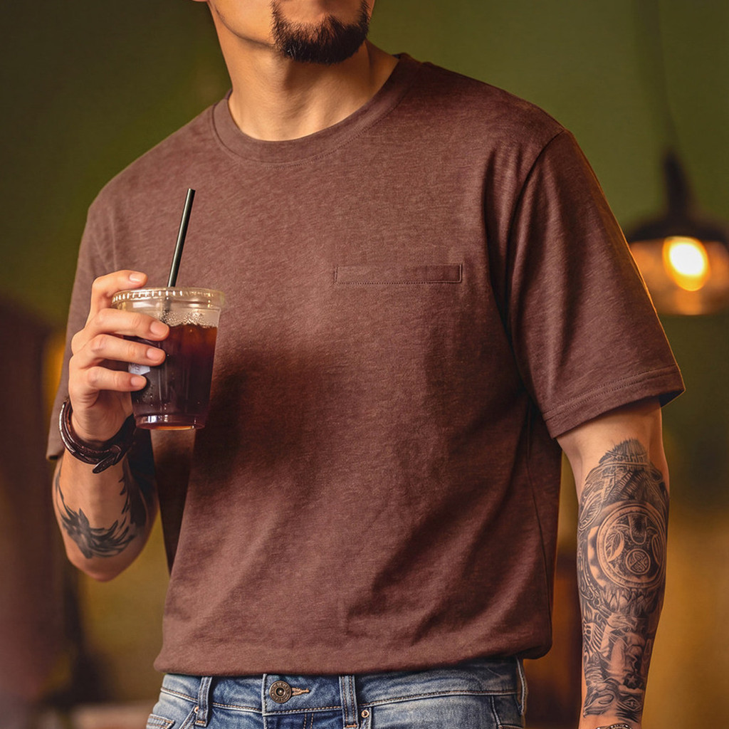 Wuluwear American Retro Pure Cotton Short-Sleeved t-Shirt Men's Summer New Style Brown Fake Pocket Loose Casual Tough Guy Strong t-Shirt