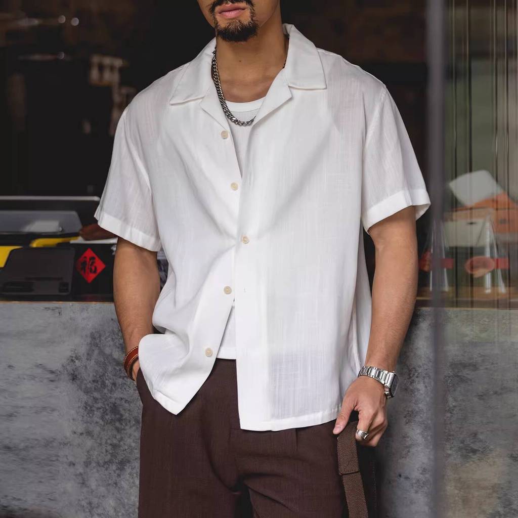 Lyocell Linen Cuban Collar Lyocell WhiteShirt Light Vacation Style Cardigan Shirt