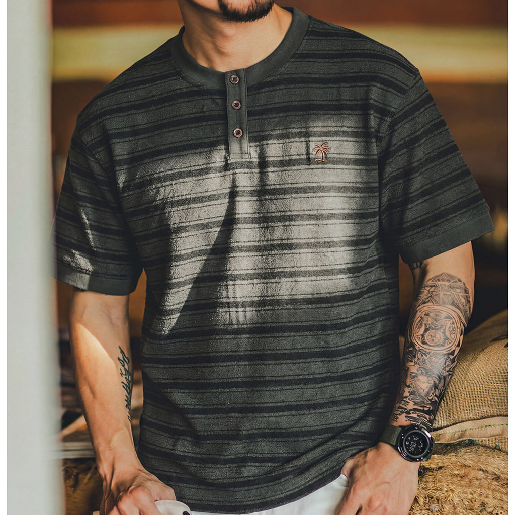 Striped Henry Collar Textured T-Shirt