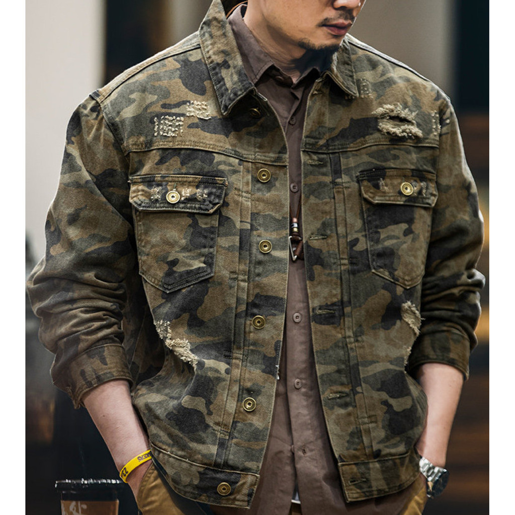 Desert Camouflage Ripped Denim Jacket