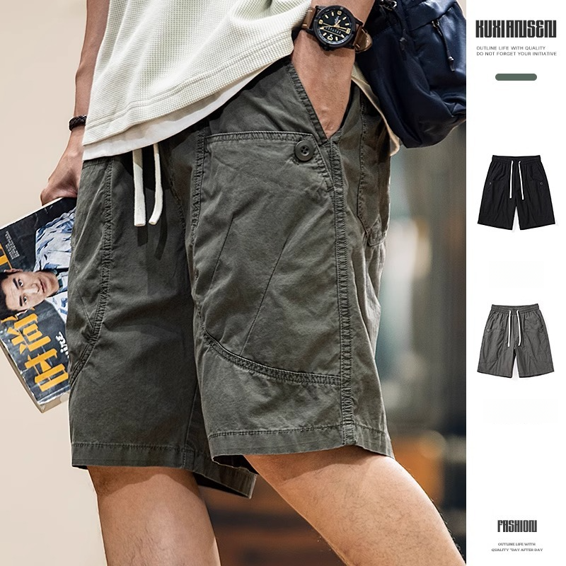 Washed Pure Cotton Overalls Shorts Men Casual Middle Pants Thin Style Loose Five-point Pants