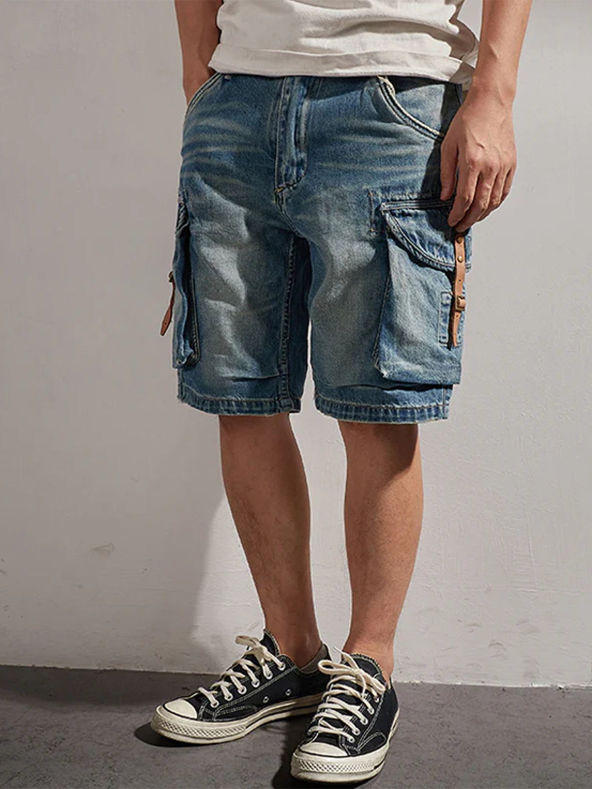 1970s Leather Buckle Washed Denim Shorts