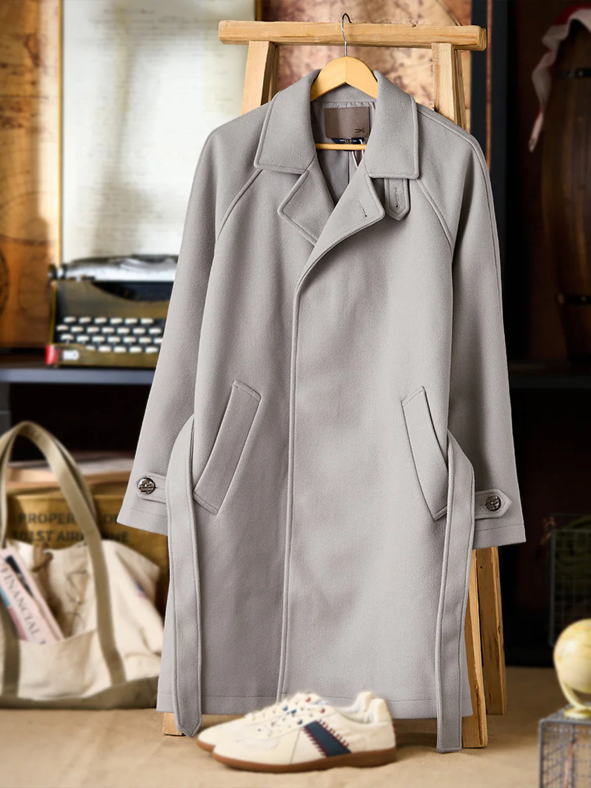 Business & Casual Balmacaan Coat with Belt and Chin Strap