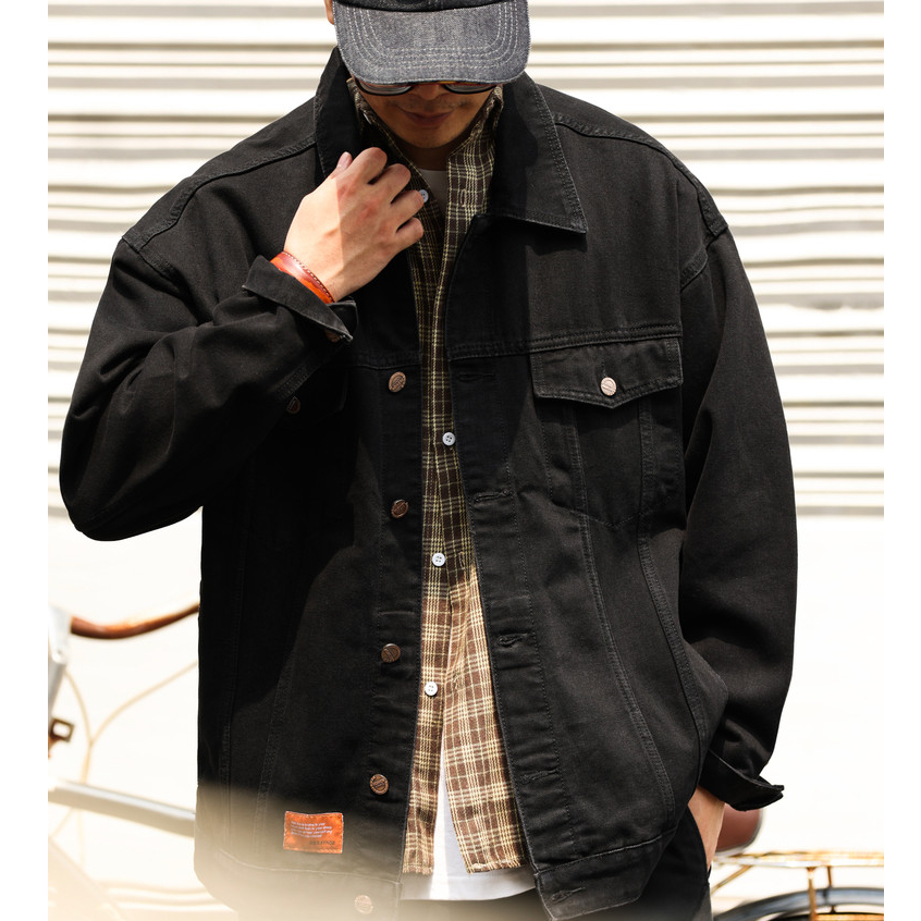 American Retro Lapel Heavy Denim Jacket Men Washed Black Plus Size Workwear Casual Hunting Jacket