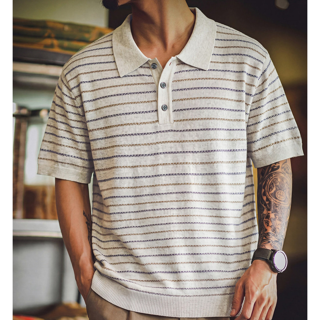 Wuluwear Summer New Style American Style Contrast Color Striped Knitted polo Shirt Men Loose Old Money Style Commuter Texture Breathable Short Sleeves