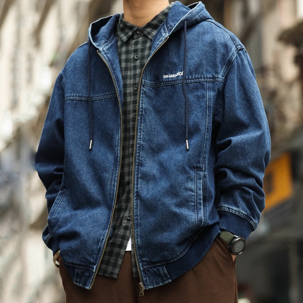 American Casual Hooded Denim Jacket Men Loose Denim Washed Heavy Zipper Cargo Jacket