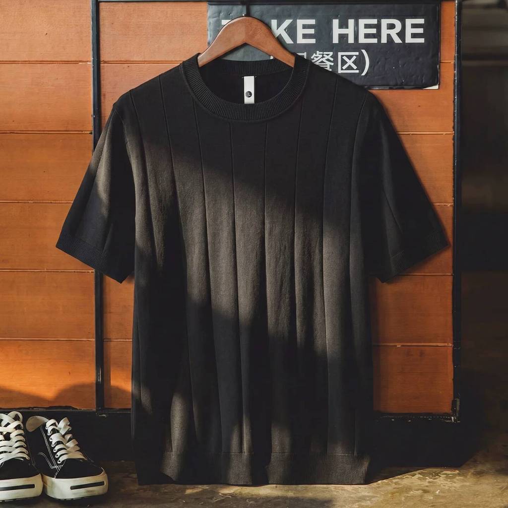 Wuluwear American Retro Solid Color Vertical Pit Strip Knit Short Sleeve Men Summer Old Money Style Loose Thin Style Breathable Round Neck Bottoming Shirt