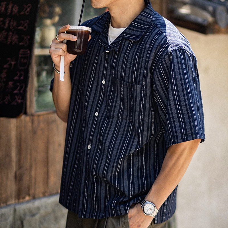 Cuban Collar Textured Striped Shirt