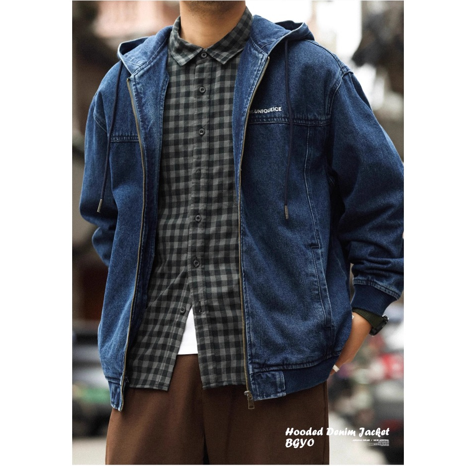 American Casual Hooded Denim Jacket Men Loose Denim Washed Heavy Zipper Cargo Jacket