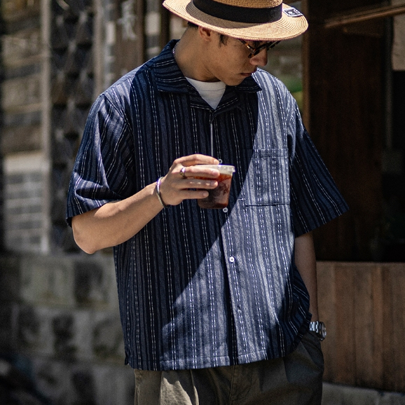 Cuban Collar Textured Striped Shirt