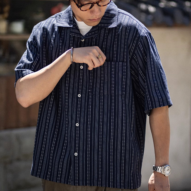 Cuban Collar Textured Striped Shirt