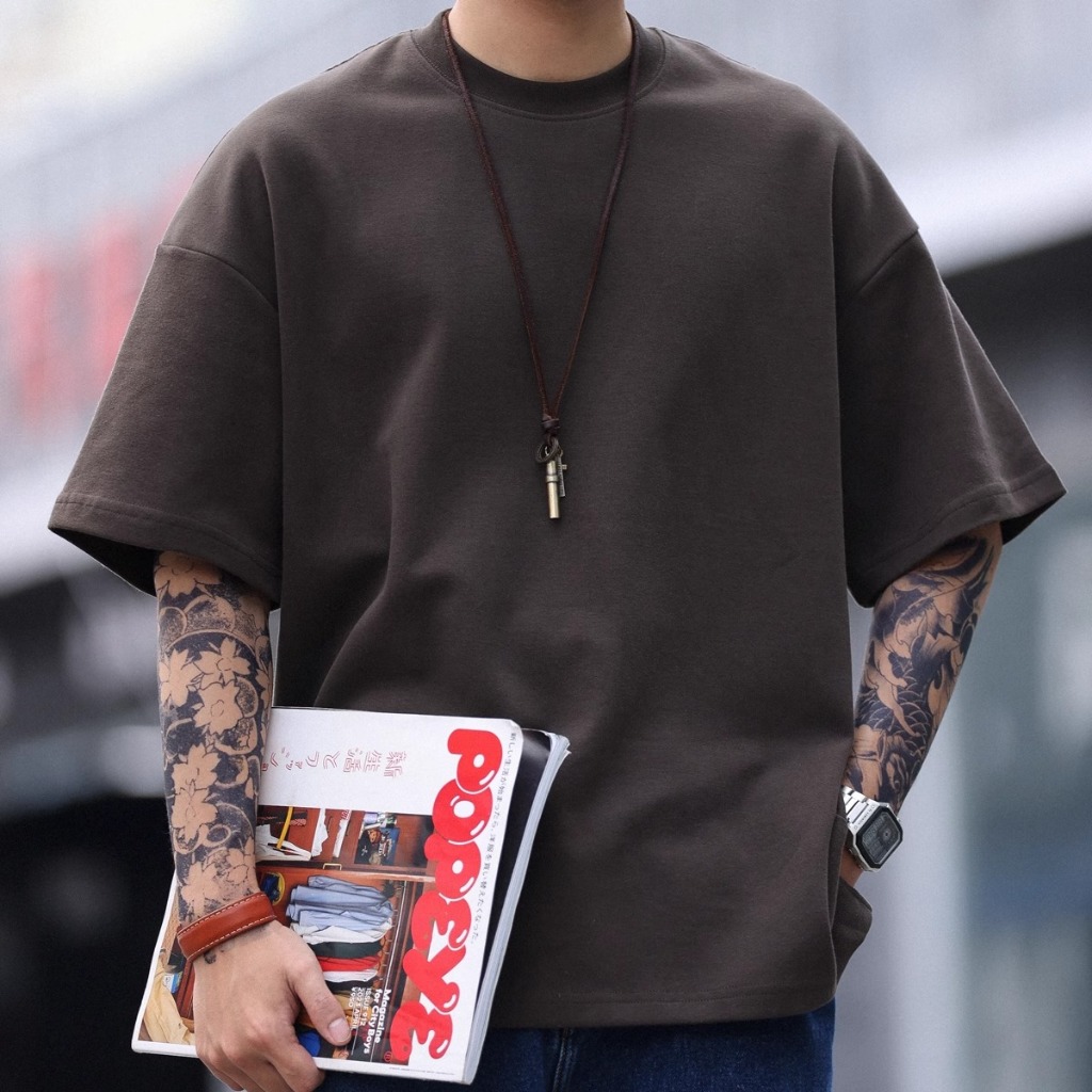 305GShort-Sleeved T-Shirt Men Women Loose 305G Dark Green Round Neck Slit Dropped Shoulder Sleeves TEE