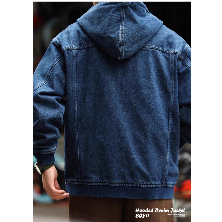 American Casual Hooded Denim Jacket Men Loose Denim Washed Heavy Zipper Cargo Jacket