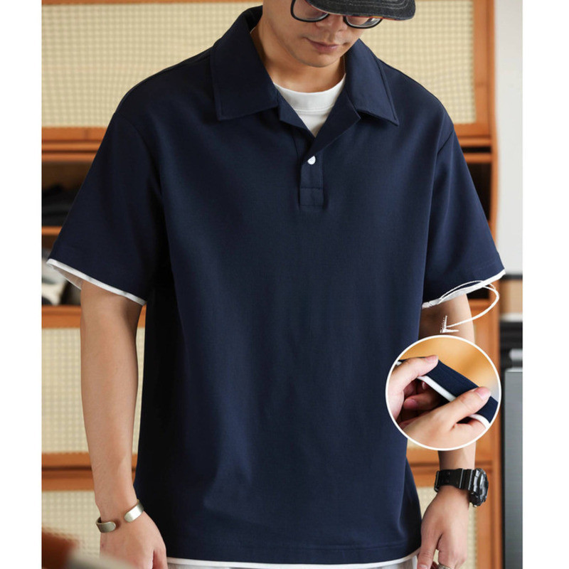 Pearly Fake Two-Piece Cuban Collar POLO Shirt Men Commuter Casual Thin Lapel Short-Sleeved T-Shirt