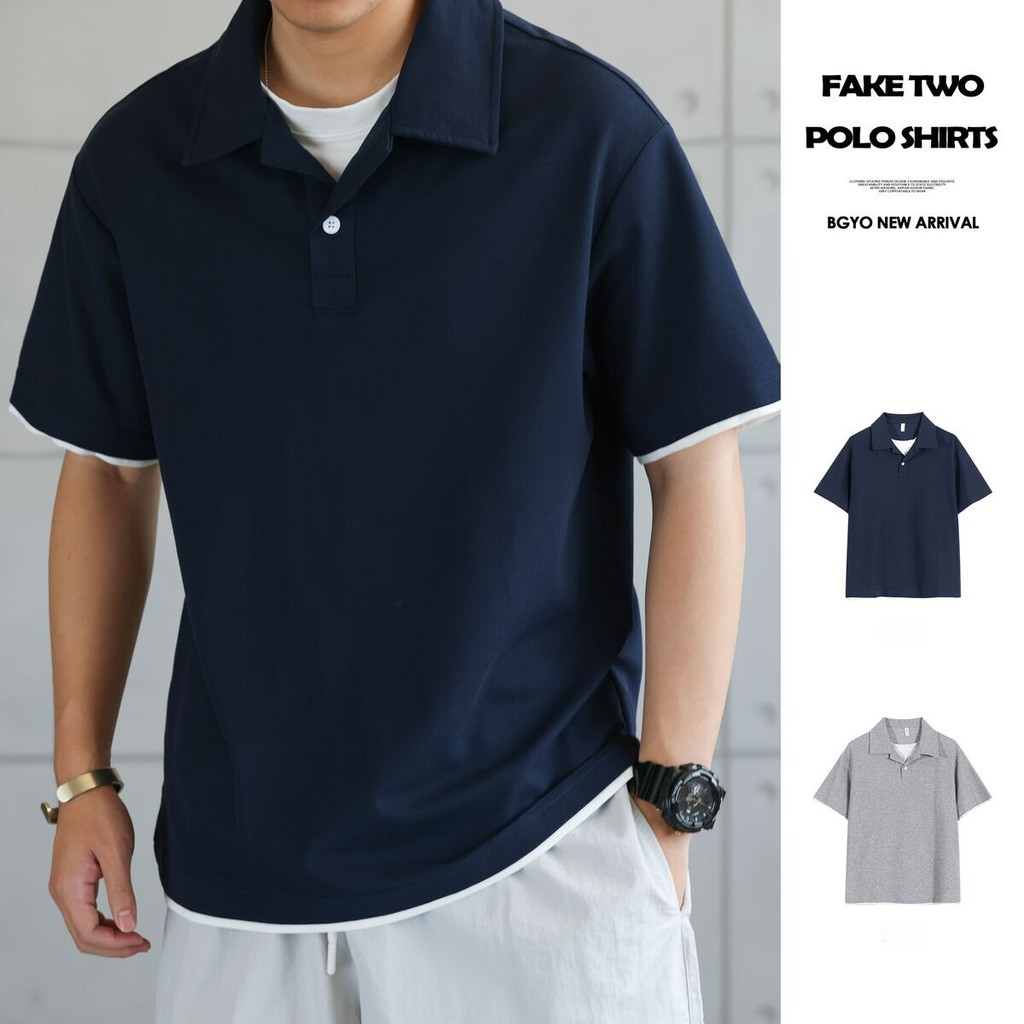 Pearly Fake Two-Piece Cuban Collar POLO Shirt Men Commuter Casual Thin Lapel Short-Sleeved T-Shirt