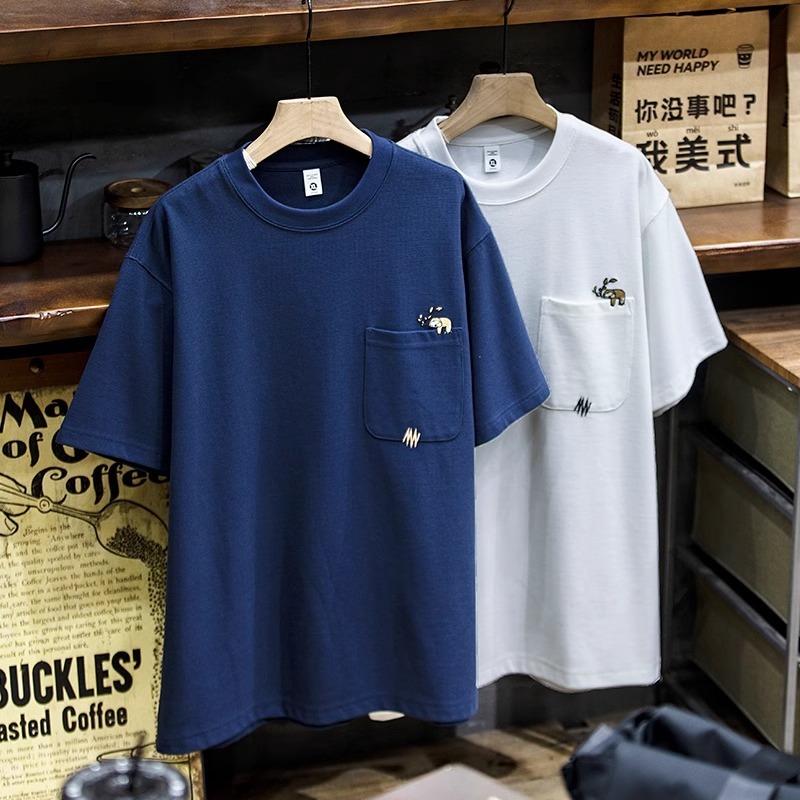 260g Mige Short-Sleeved t-Shirt Men Street Wear Small Sloth Embroidery Pocket Loose Casual Half-Sleeved t-Shirt