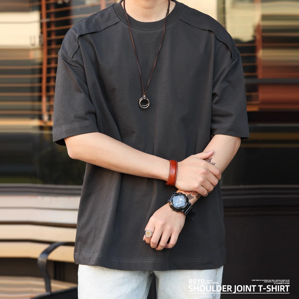 Wuluwear 280g Stitching Tailoring Casual Short-Sleeved T-Shirt Men Loose Pure Cotton Round Neck Sports TEE Summer