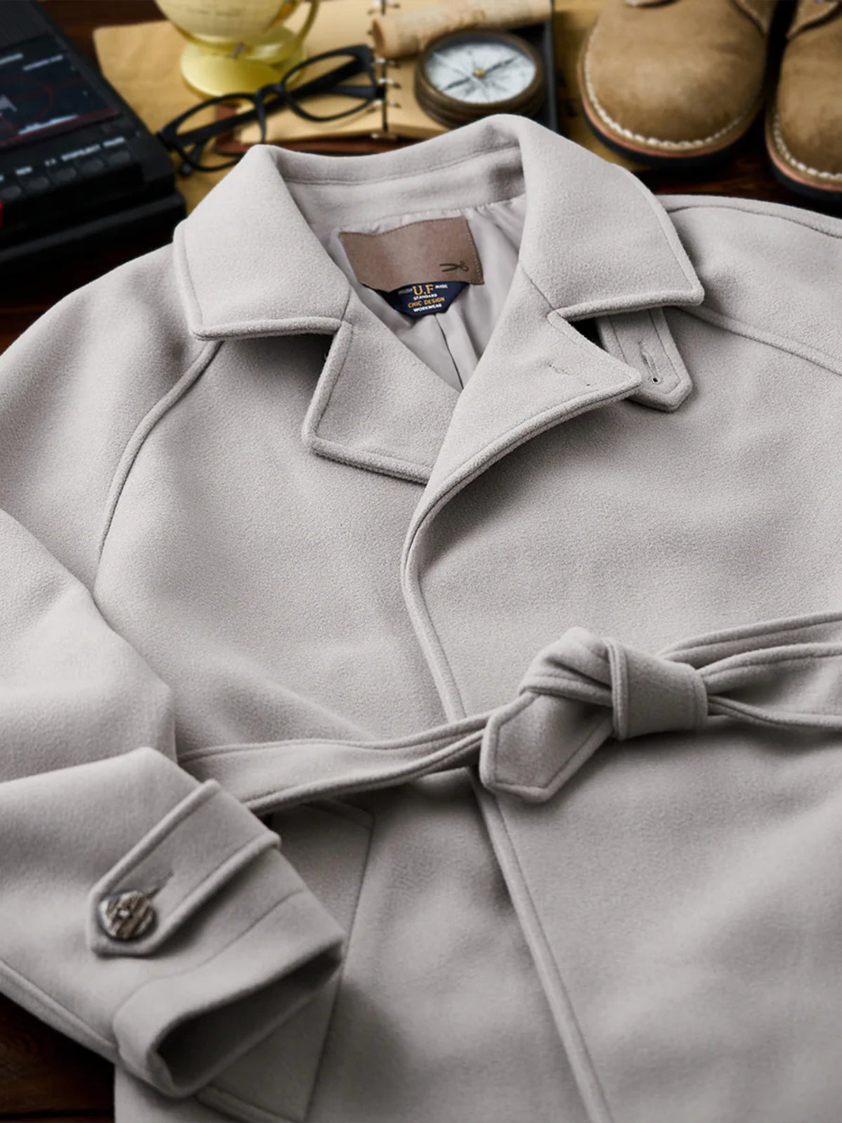 Business & Casual Balmacaan Coat with Belt and Chin Strap