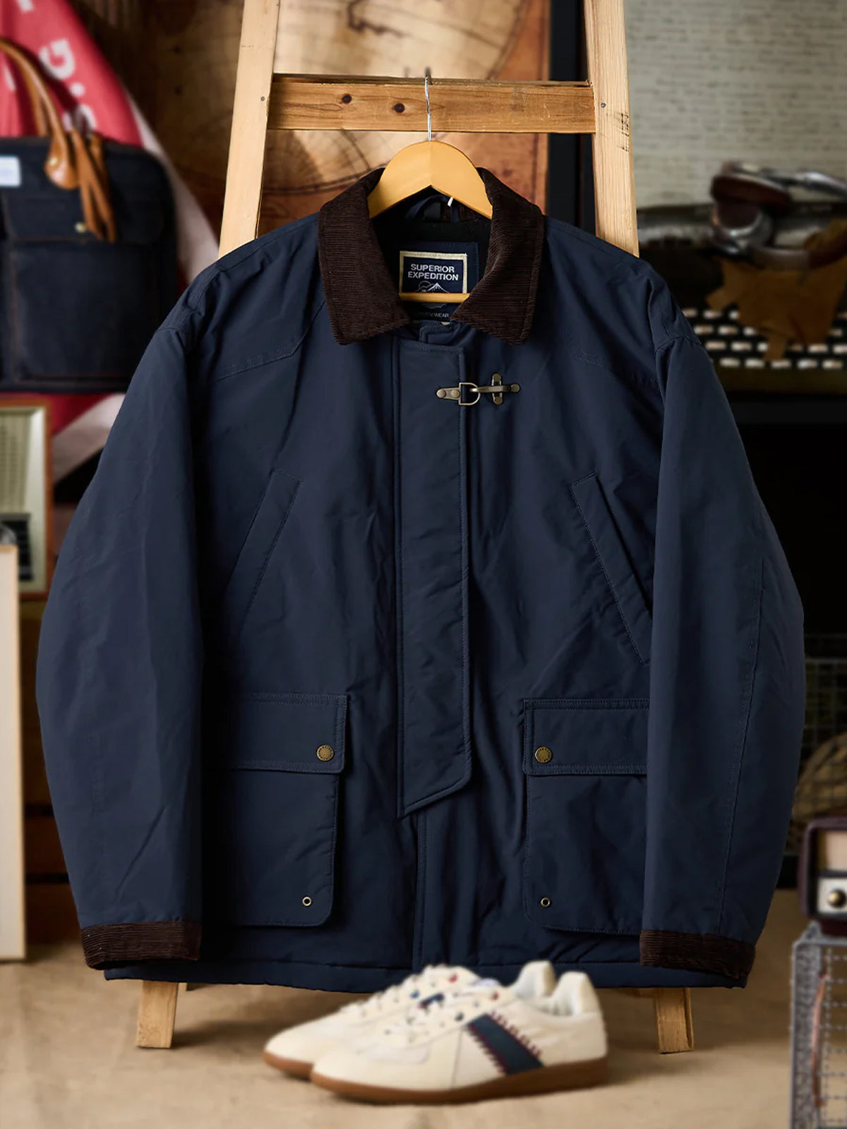 Hunting Jacket with Corduroy Collar and Hook Buttons