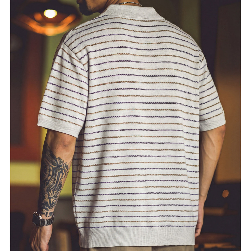 Wuluwear Summer New Style American Style Contrast Color Striped Knitted polo Shirt Men Loose Old Money Style Commuter Texture Breathable Short Sleeves