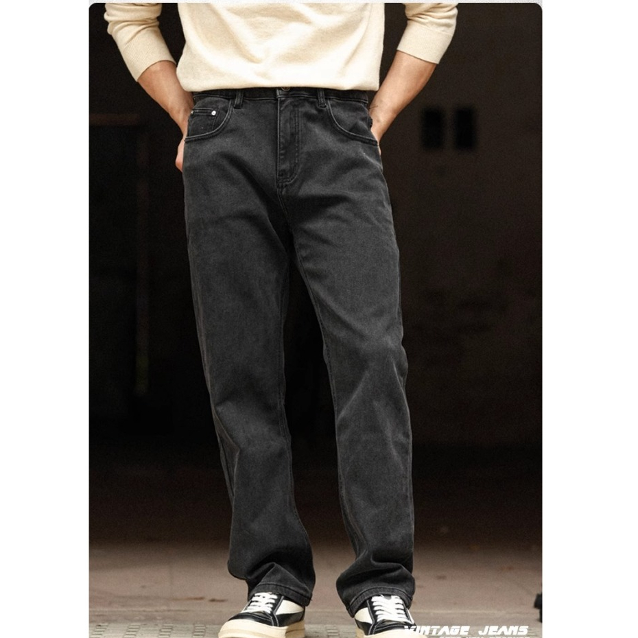 Wuluwear American Retro Black Jeans Men Wash Water Distressed Mid-Waist Narrow Wide-Leg Straight Long Pants