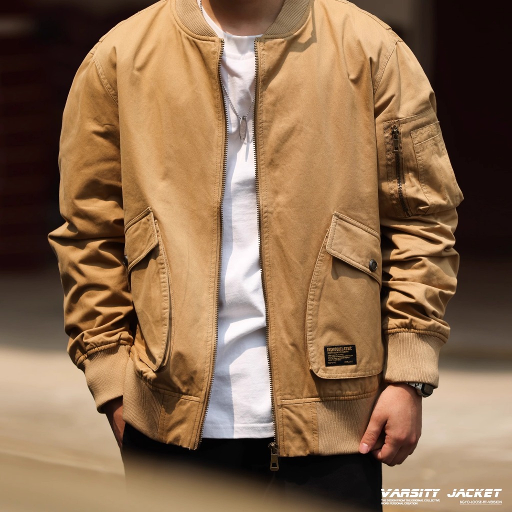American Retro MA-1 Flight Jacket Men Loose Workwear Plus Size Khaki Baseball Collar Harrington Jacket