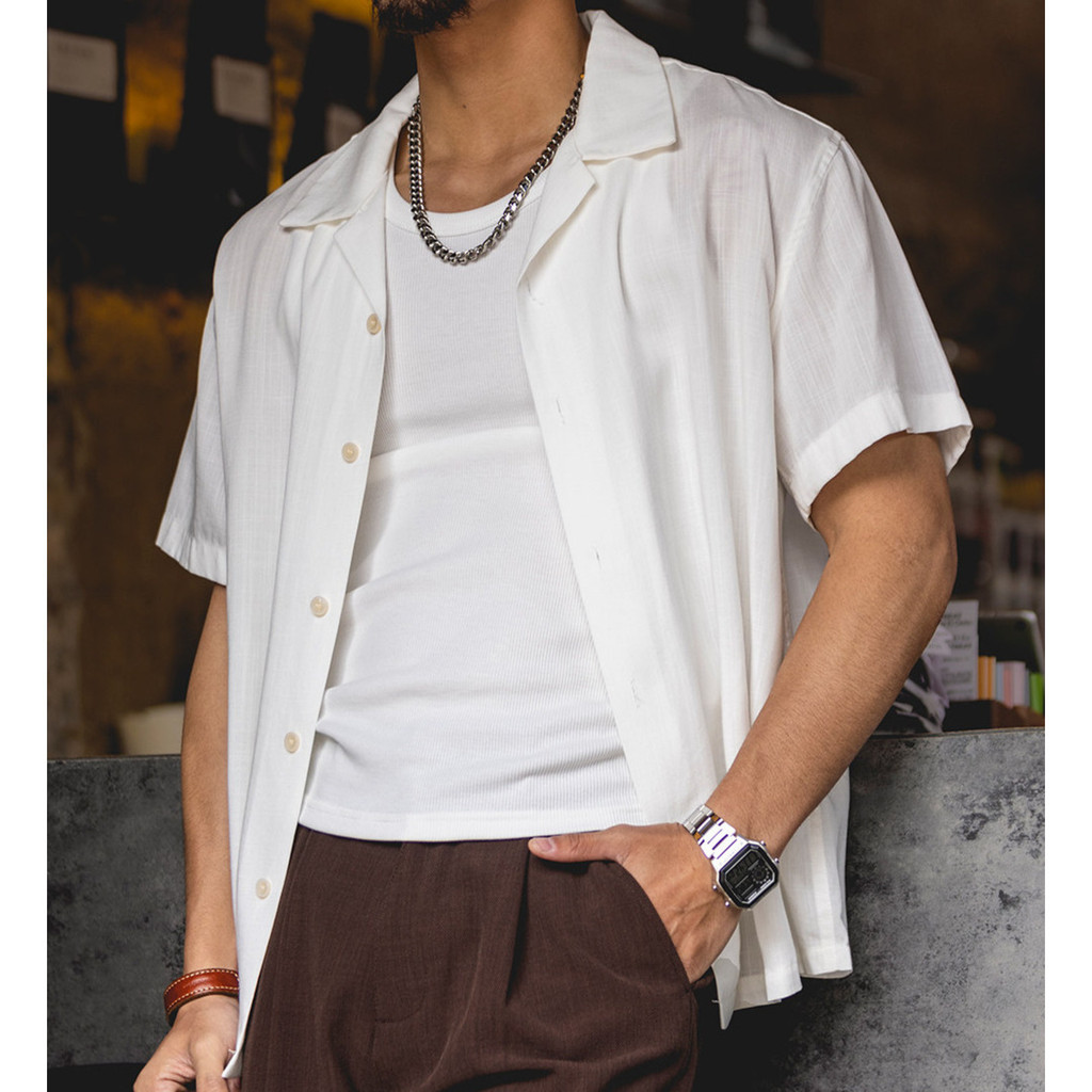 Lyocell Linen Cuban Collar Lyocell WhiteShirt Light Vacation Style Cardigan Shirt