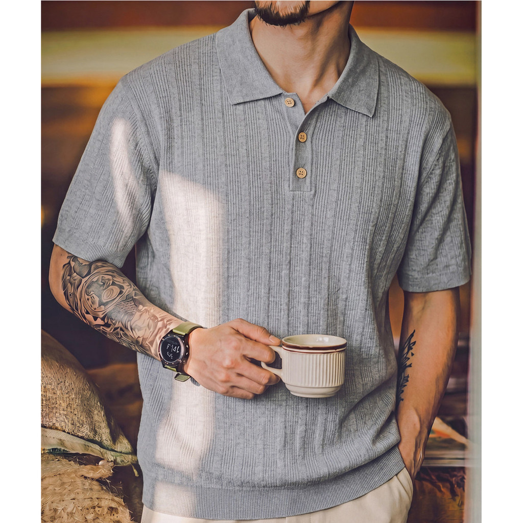 Wuluwear Men's Lyocell Knitted polo Shirt Summer Slightly Wide Old Money Style Commuter Gray Lapel Short-Sleeved T-Shirt Top T