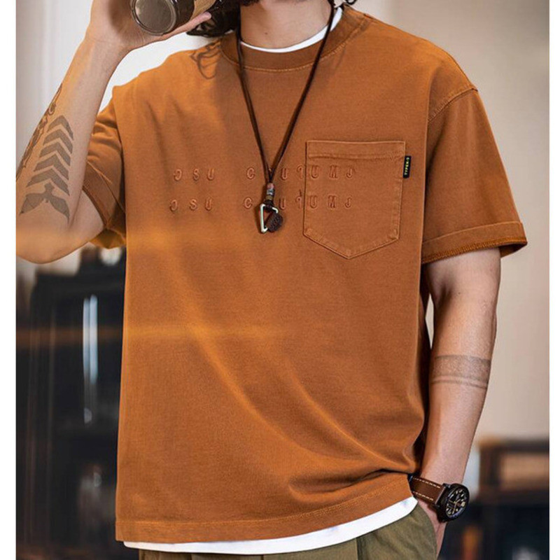 260g Pure Cotton Short-Sleeved t-Shirt Men Washed Embroidered Round Neck Half-Sleeved t-Shirt