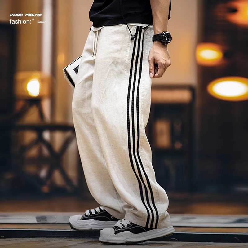 Lyocell Linen Thin Casual Pants Men Summer Stripes Men's Drape Straight Long Pants