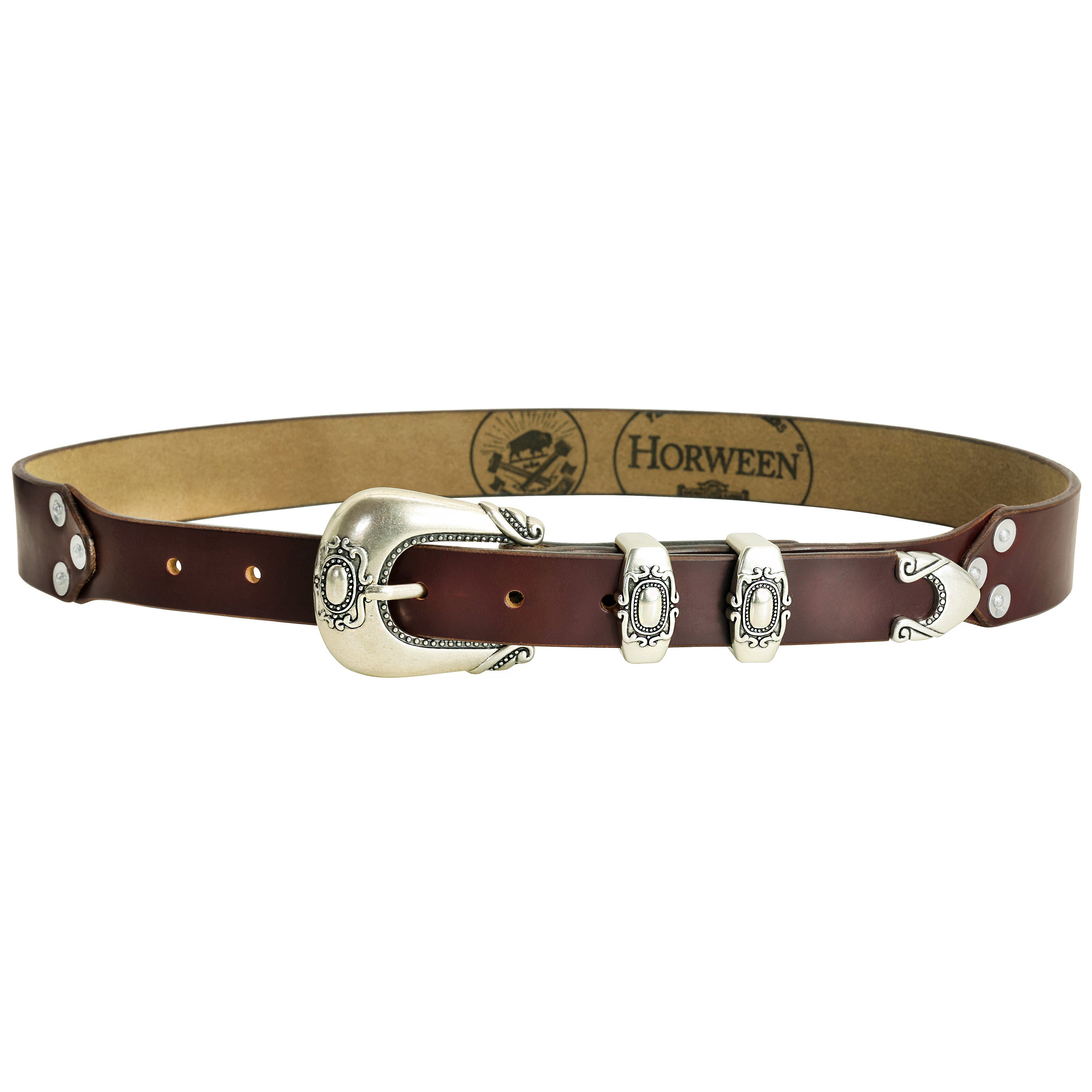 Silver rivet engraved top-grain leather belt 3.5cm