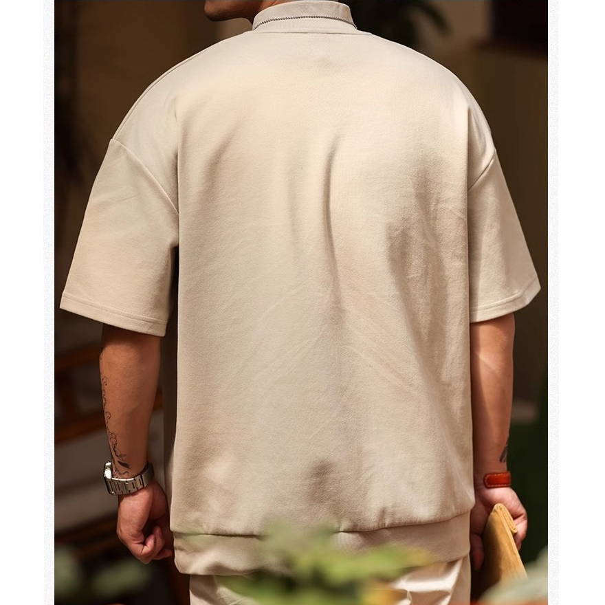 American Style 300g Heavy Gallery Type Small Neckline Short-Sleeved T-Shirt Men Casual Soft Waxy Texture Dropped Shoulder Sleeve Bottom
